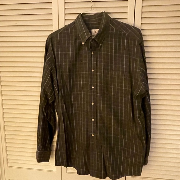 Men’s. Dress shirt. XL. Viyella. Green with gold and cream check. Button collar. - Picture 1 of 3